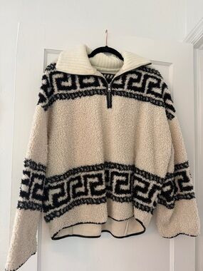 Cream and Black Patterned Sherpa Half-Zip Sweater